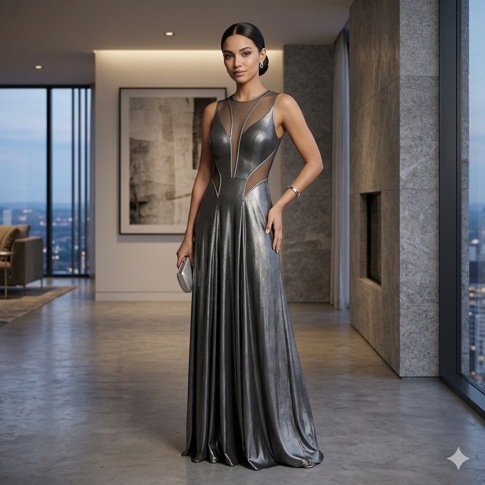 Faviana Metallic Glam Mesh Cutout Gown Womens 10 Pewter Formal Dress